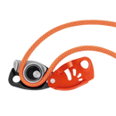 NEOX Belay device with cam-assisted blocking, optimized for lead climbing, orange